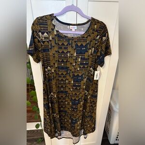 Women’s small LulaRoe Carly, dress blue and gold multicolor  NWT